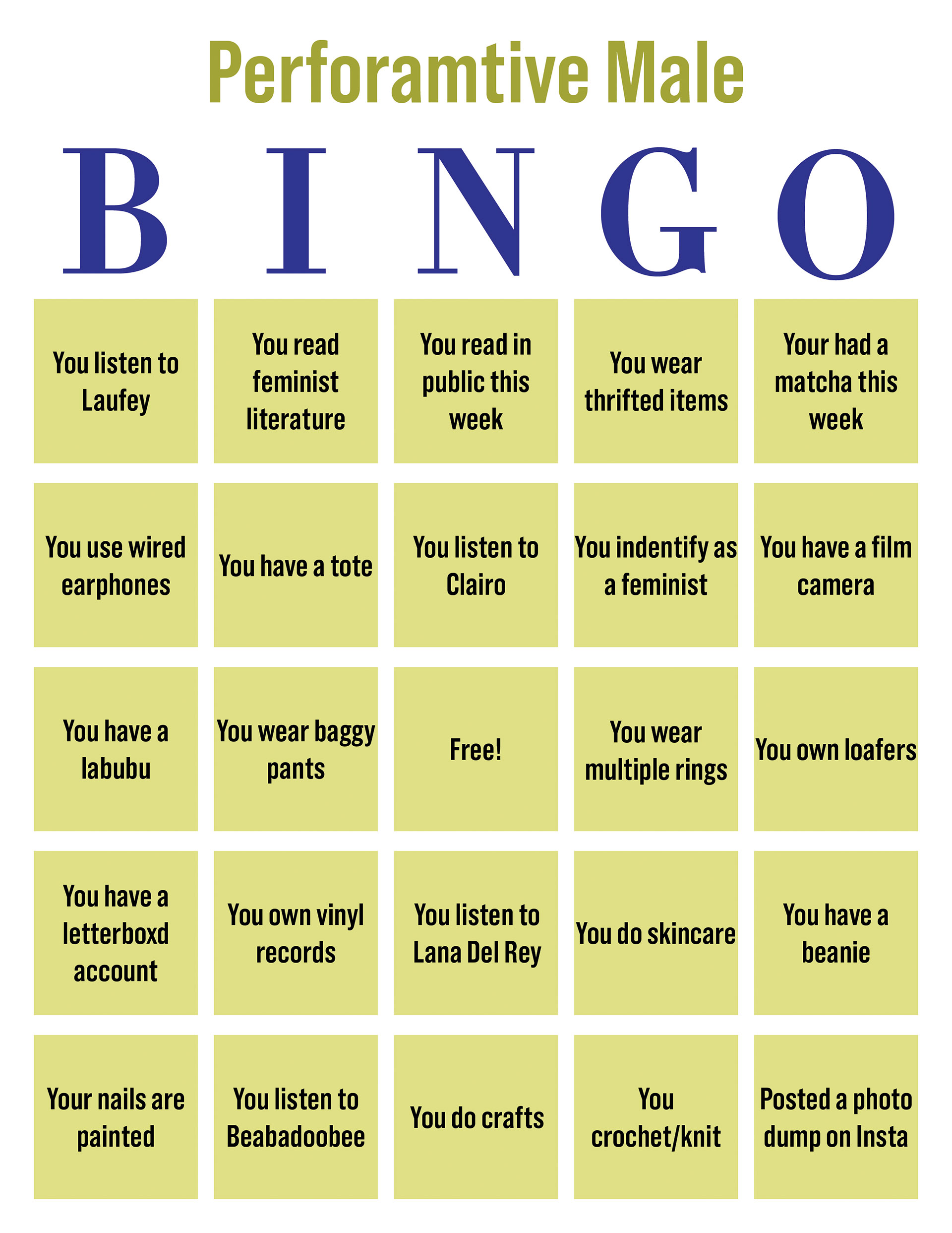 Performative Male Bingo