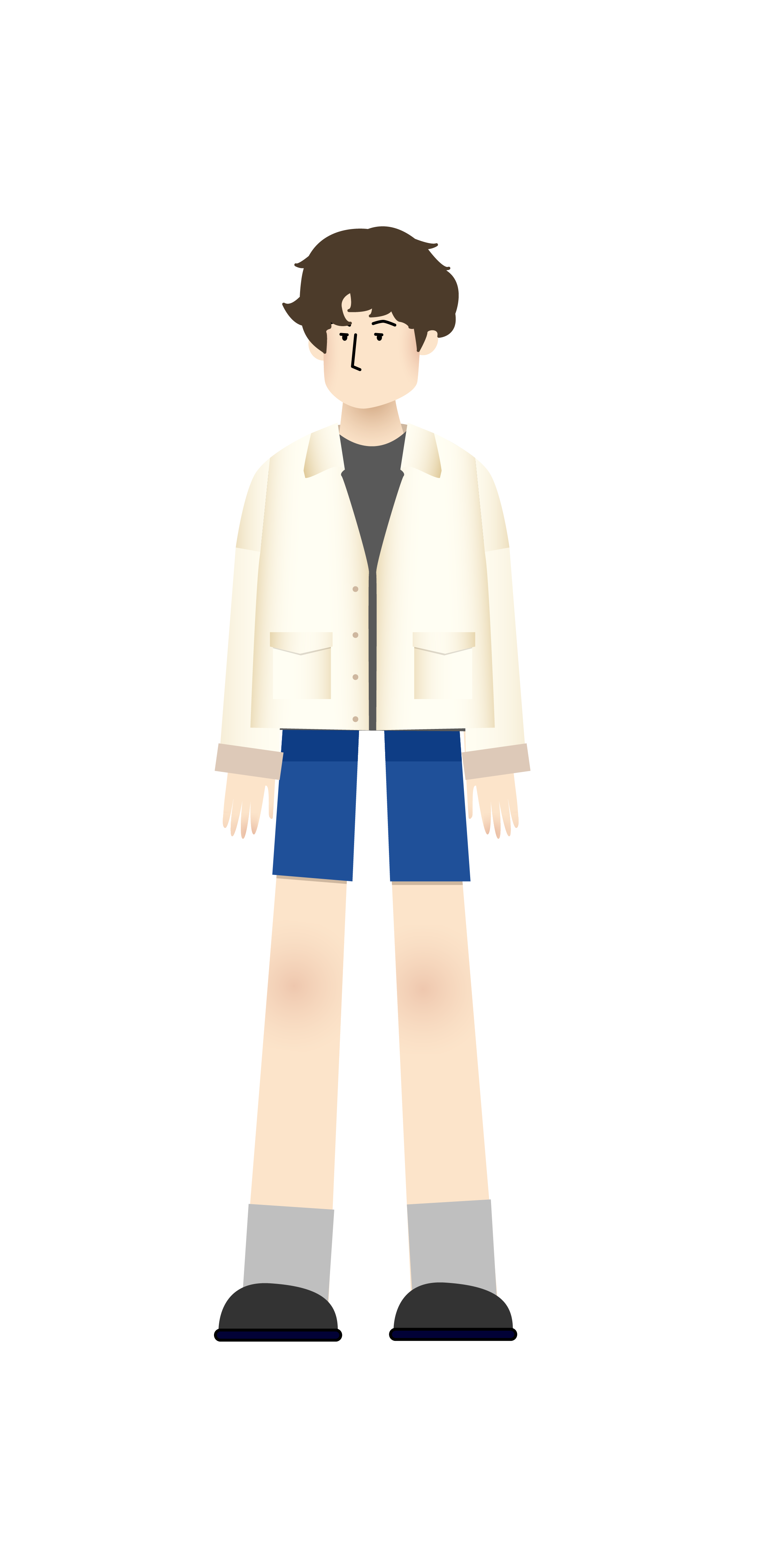 illustration of a young man with a beige jacket and blue shorts