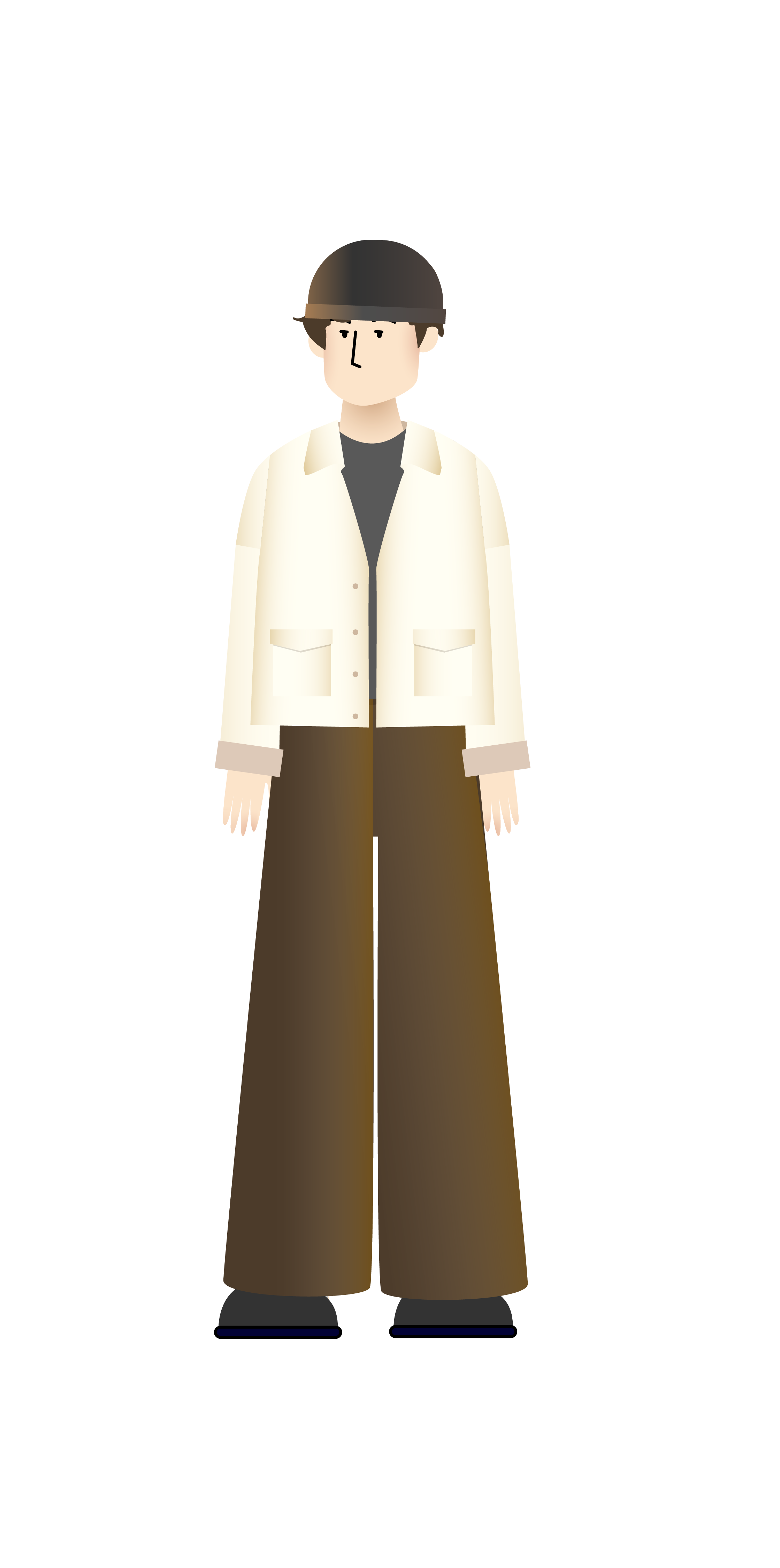 illustration of a young man with a beige jacket and brown wide legs pants and a knitted hat