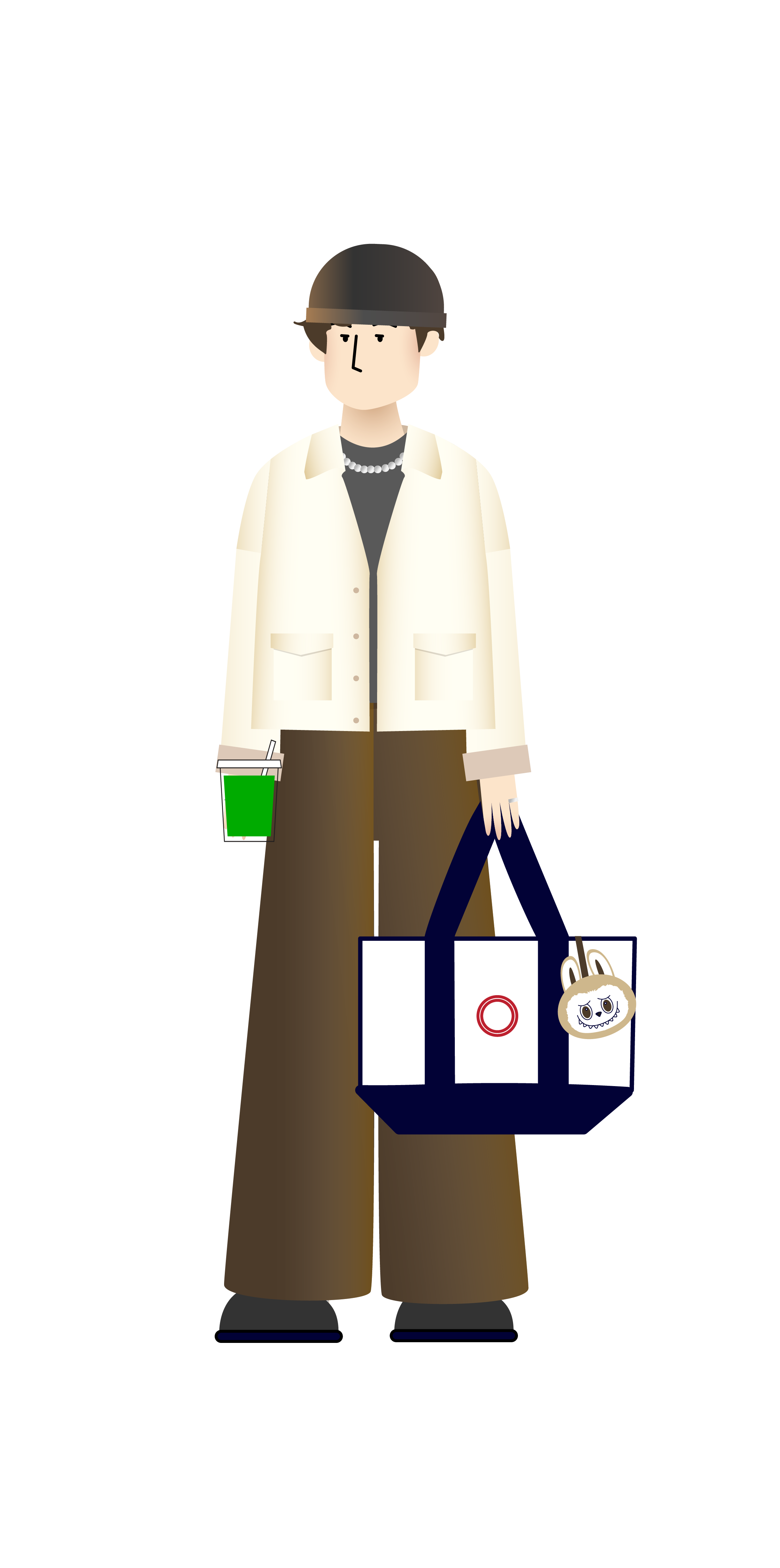 illustration of a young man with a beige jacket and brown wide legs pants and a knitted hat, holding a matcha and a tote bag with labubu keychain on it.