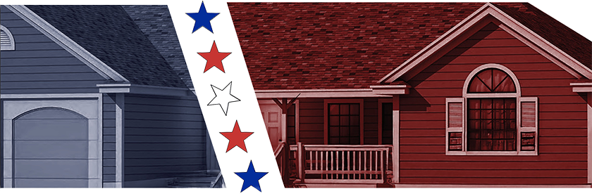 Banner image split in half with one side showing a house in blue tones and the other side showing a house in red tones, separated by a vertical row of red, white, and blue stars