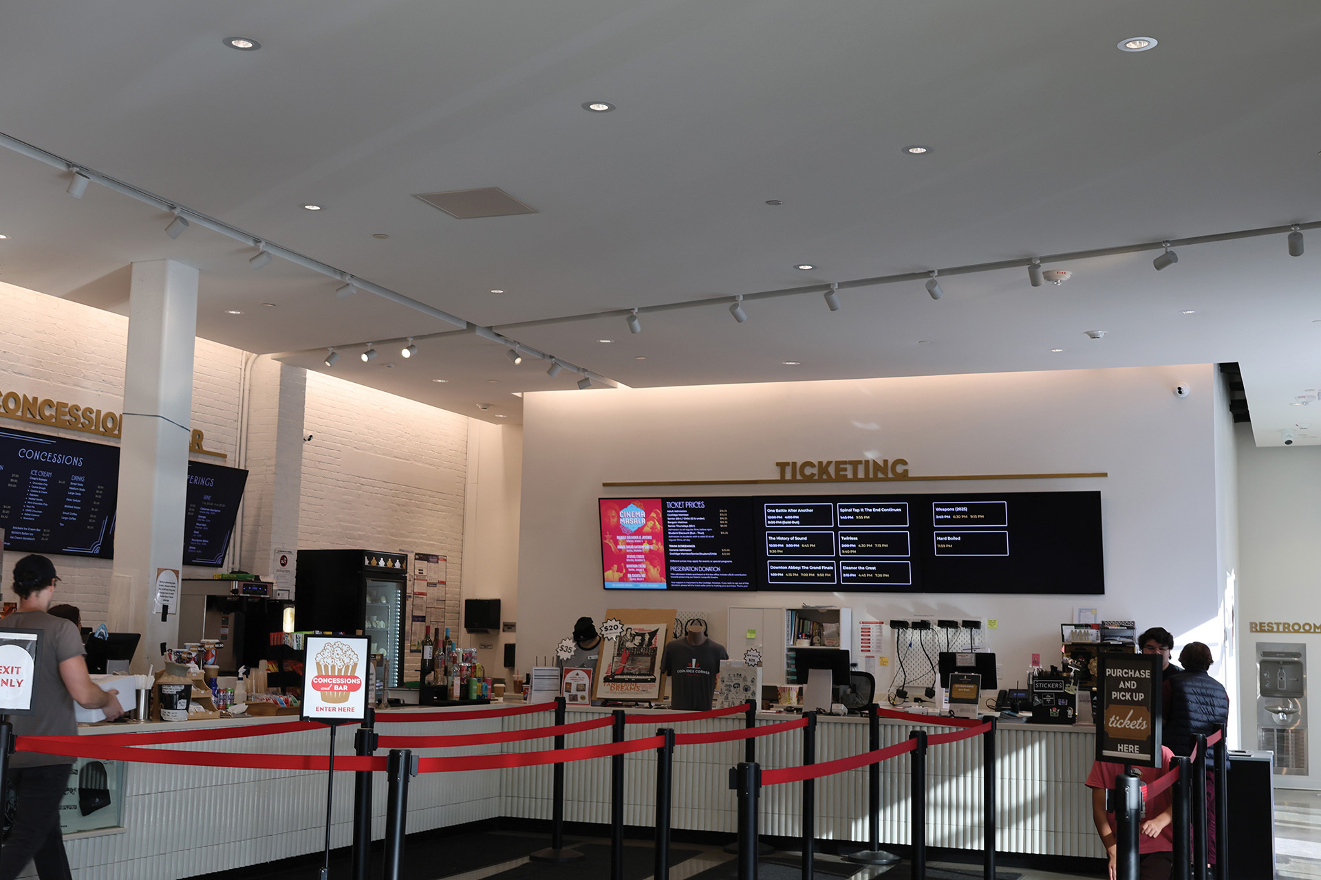 Photo of the Coolidge Corner Theatre's renovated lobby where guests can buy tickets and concessions
