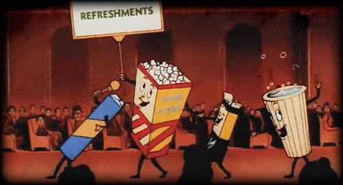 Animated screen with retro graphics of popcorn, candy, and soda.