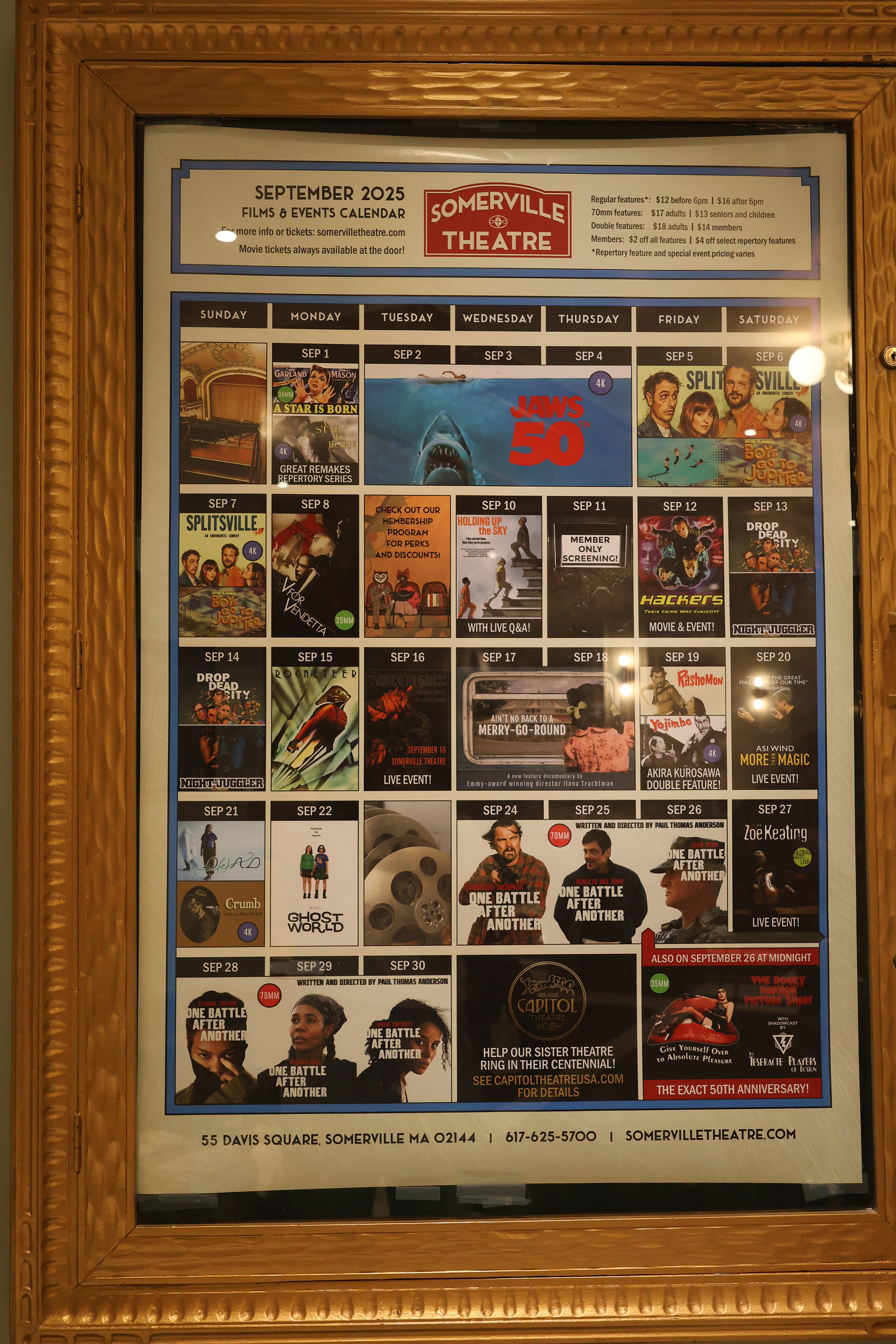 Photo of the theater's printed calendar showing upcoming film series and special screenings for September 2025