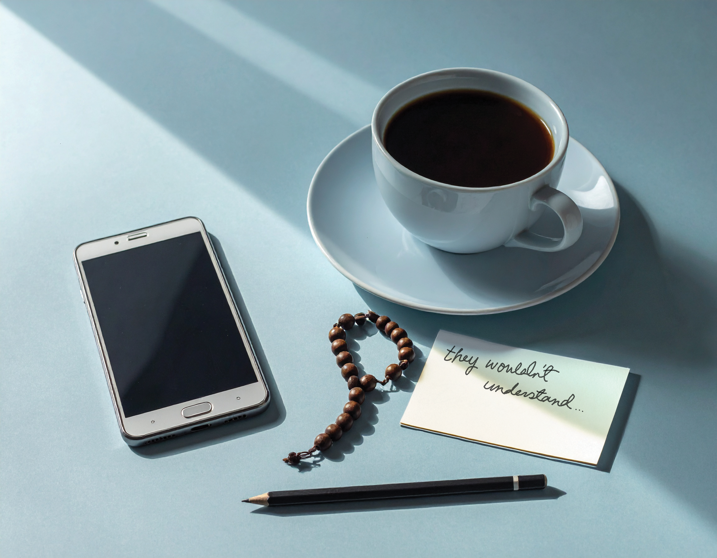 Handwritten note next to a cup of coffee, expressing the difficulty of opening up about emotions at home