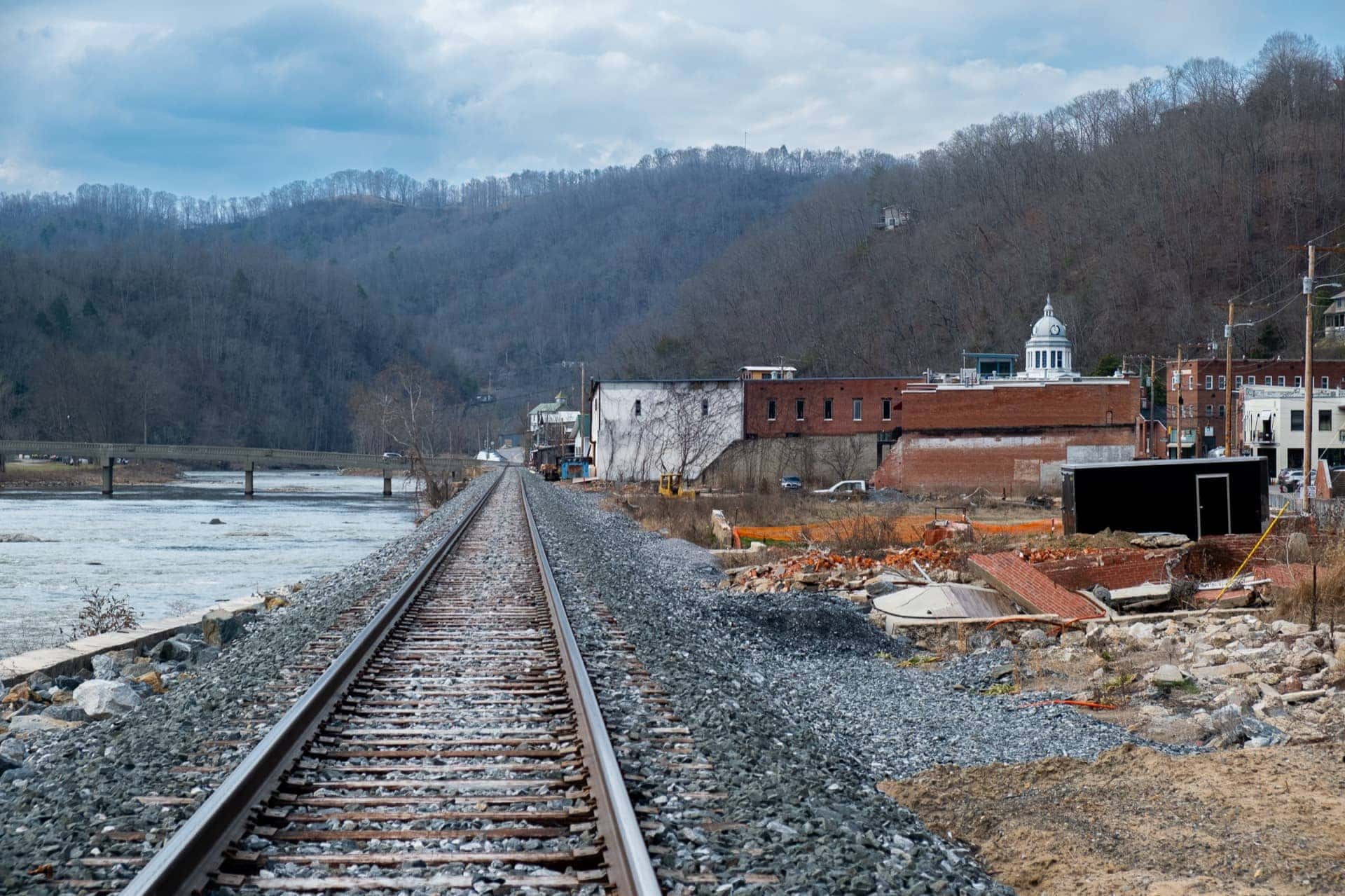 Railroad tracks alongside the French Broad River in Marshall, NC