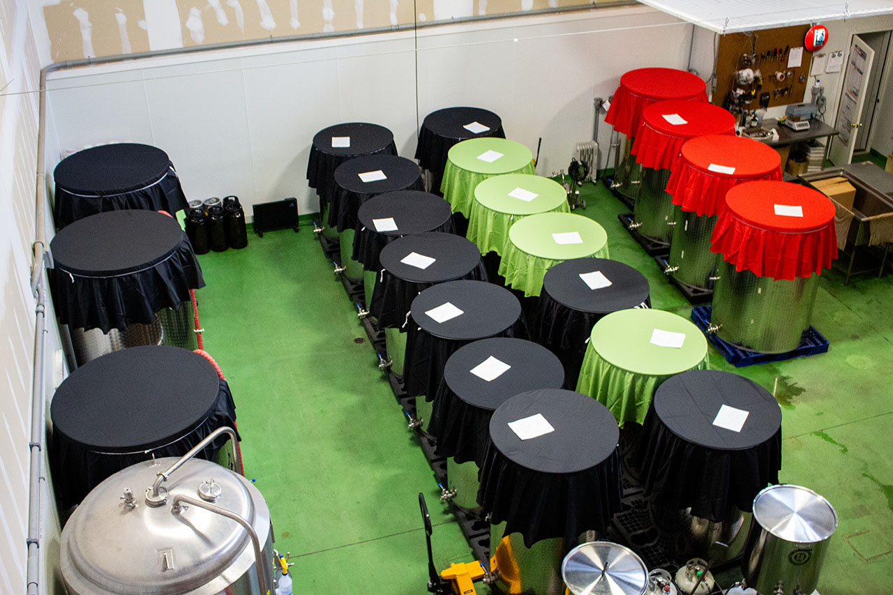 Twenty-seven tanks with different colored sheets inside the fermentation room